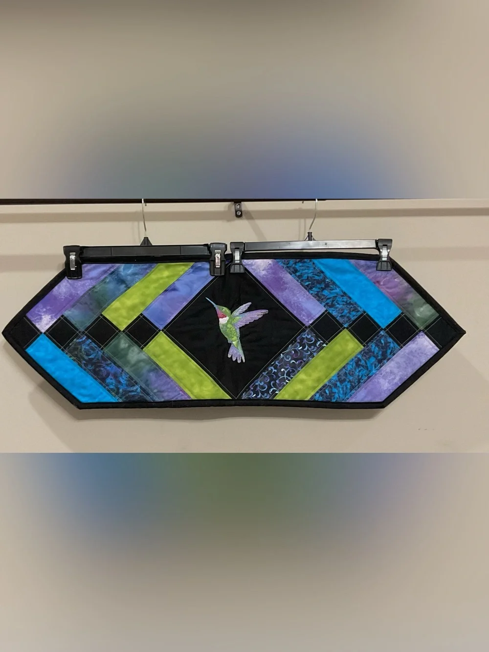 Quilted Hummingbird Table Runner Handmade Embroidered Patchwork OOAK